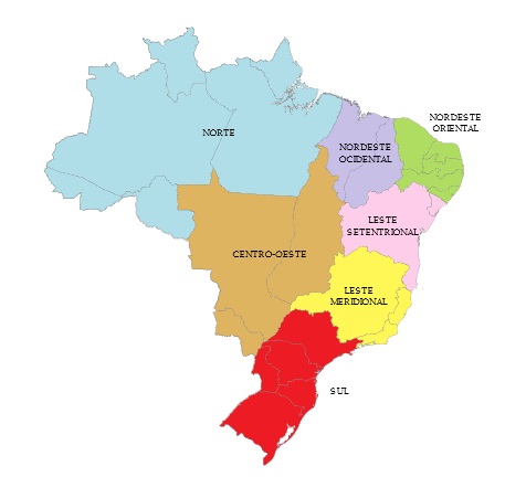 Brasil separado por regiões.